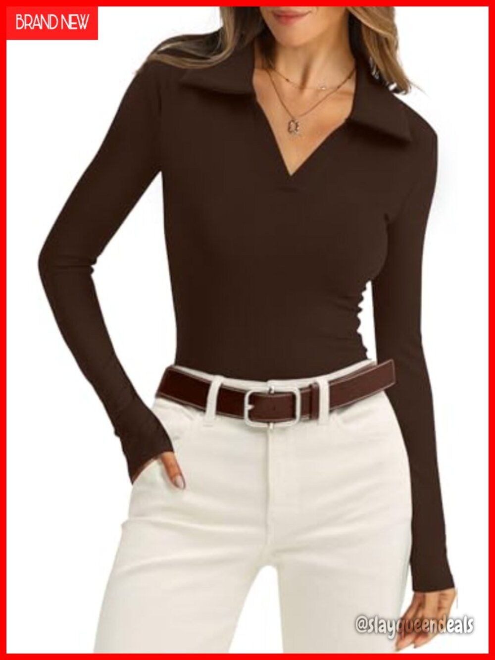 Womens Long Sleeve Polo Shirt Collared V Neck Ribbed Knit Slim Fit Business